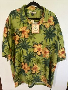 Tommy Bahama Green Hawaiian Shirt with Yellow-Orange Hibiscus